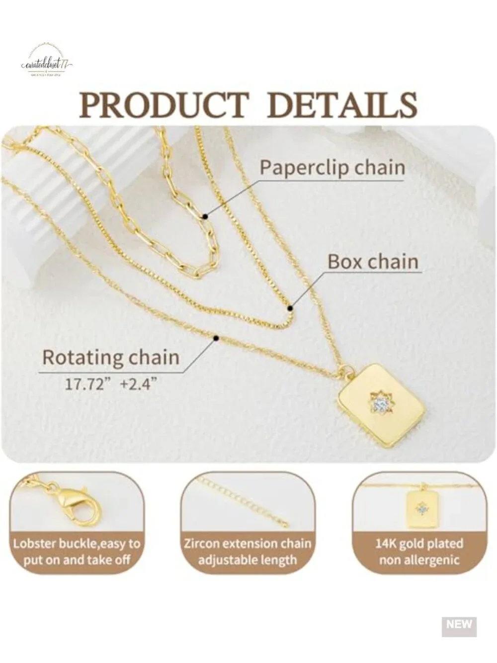 14K Gold Plated Layered Heart Square Pendant Necklace 3-in-1